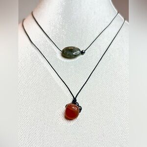 Chic Black Cord Necklace with Grey Oval 
Labradorite and Amber Agate Two Strand